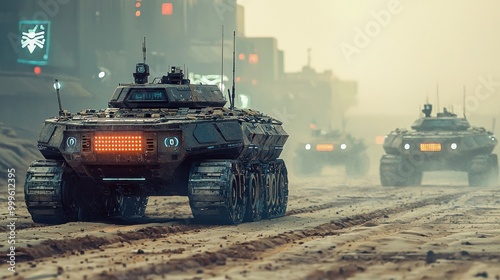 A futuristic tank, operated by artificial intelligence, patrols a high-tech war zone, showcasing advanced weaponry and surveillance capabilities in a modern combat environment photo