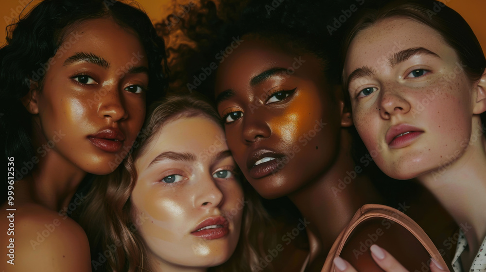 Obraz premium Group of four women with diverse hairstyles and skin tones posing closely together against an orange background during a casual portrait session