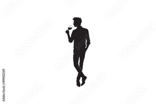 Young male and female drinking wine silhouette vector illustration