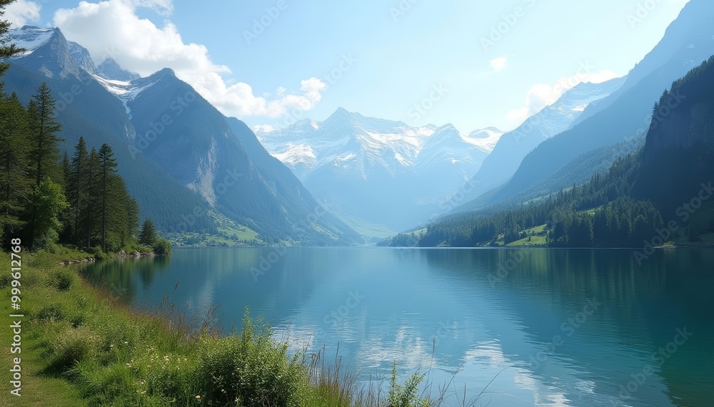Fototapeta premium Tranquil mountain lake perfect for serene escapes