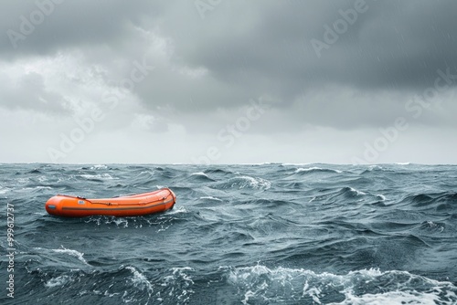 A life raft drifting in the open sea, potentially stranded or awaiting rescue