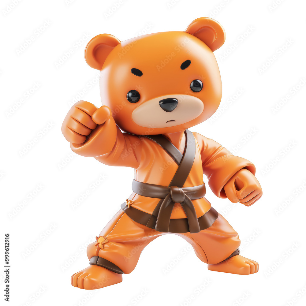 Fototapeta premium A cute cartoon bear in an orange karate gi with a brown belt is ready to fight.