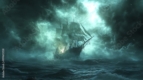 A lone ship navigating through stormy seas under a restless night sky.