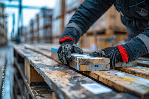 Worker Handling Wooden Planks in Industrial Warehouse with Protective Gloves and Winter Clothing