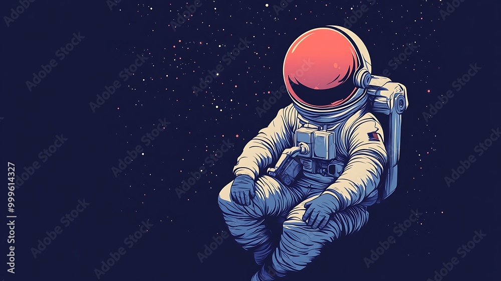 A stylized astronaut in a space suit floats in space, surrounded by stars. A stylized astronaut in a space suit floats in space, surrounded by stars.