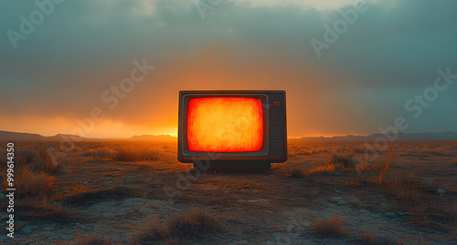 A Large Television in the Middle of an Empty Desert Glowing with Bright Light 