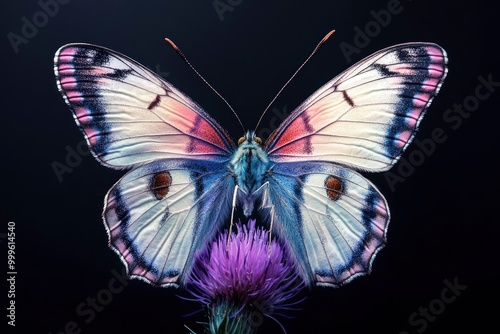 A pandora butterfly with wings spread, sitting on a purple thistle flower, on a black background with generative ai photo