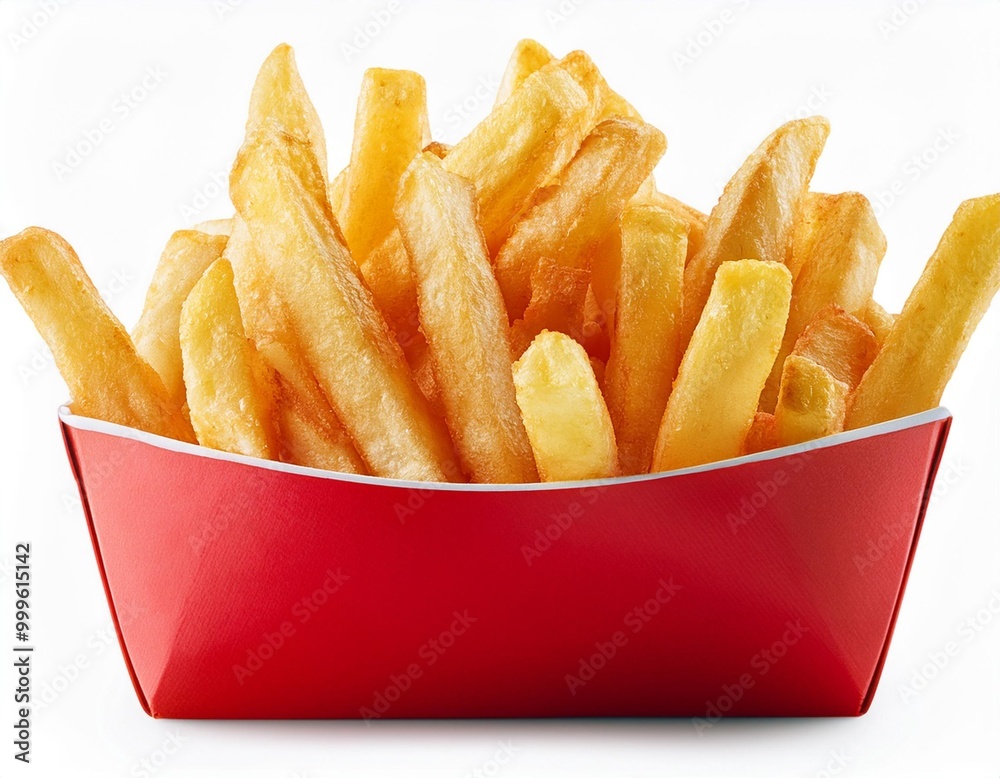 Crispy French Fries in Red Container Isolated on White Background, Clipping Path, Full Depth of Field Crispy French Fries in Red Container Isolated on White Background, Clipping Path, Full Depth of Field