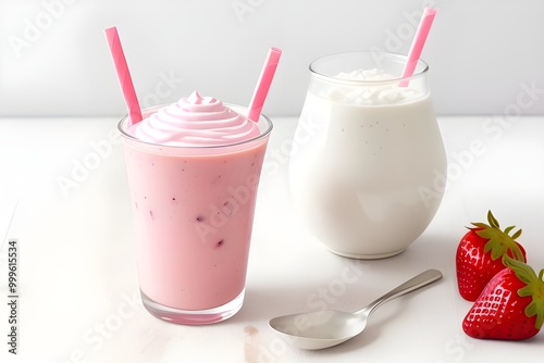 Fresh Strawberry Yogurt Smoothie with Blueberries on Top Generative AI illustration