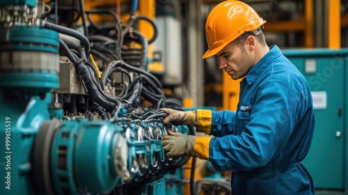 Male electrical engineer performing maintenance on a generator in an industrial environment