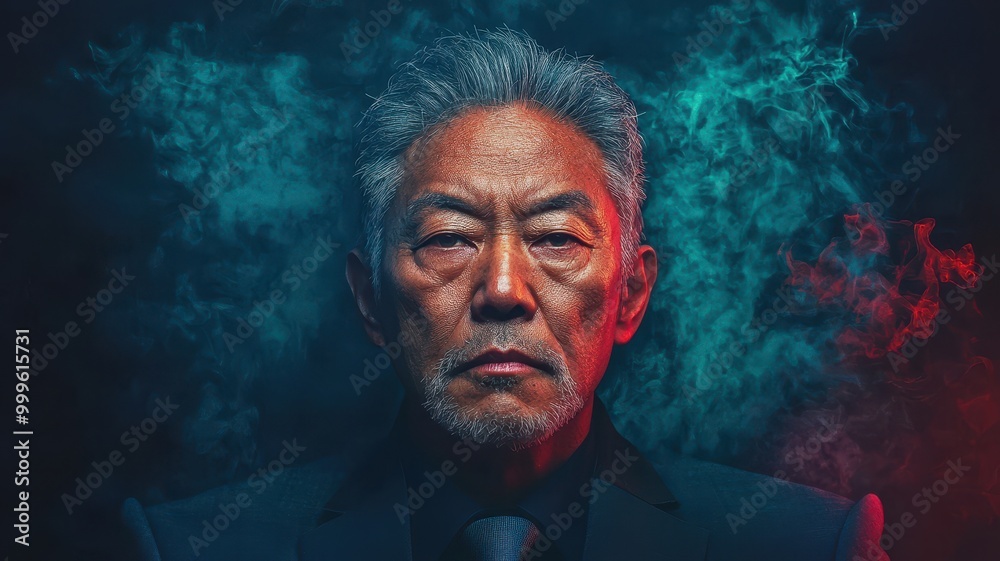 A striking portrait of an older man with textured skin, exuding confidence amidst colorful smoke effects. A striking portrait of an older man with textured skin, exuding confidence amidst colorful smoke effects.