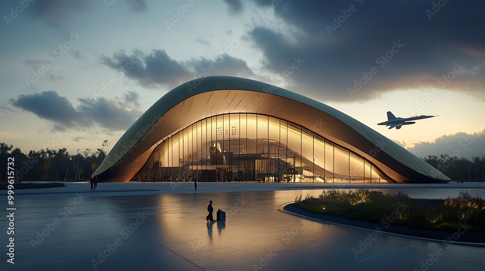 Naklejka premium Modern Architecture Building with Airplane Flying Overhead at Sunset