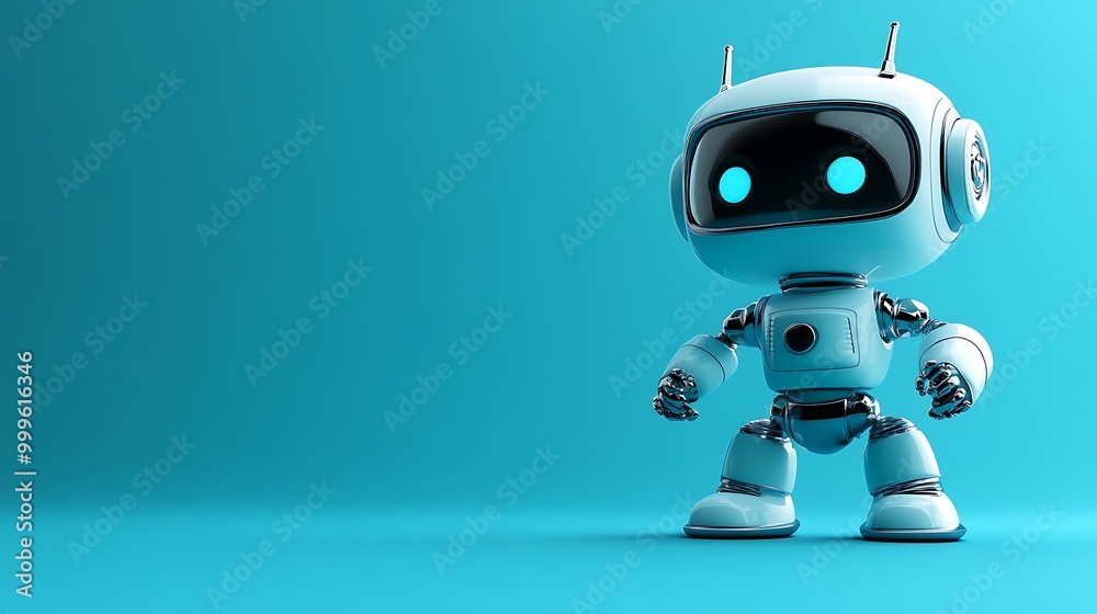 A friendly robot with glowing blue eyes stands on a blue background. A friendly robot with glowing blue eyes stands on a blue background.