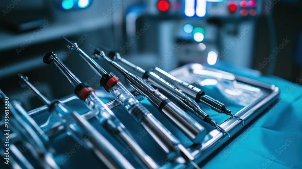 Modern laparoscopic instruments lined up on a surgical tray in preparation for a minimally invasive surgery Modern laparoscopic instruments lined up on a surgical tray in preparation for a minimally invasive surgery