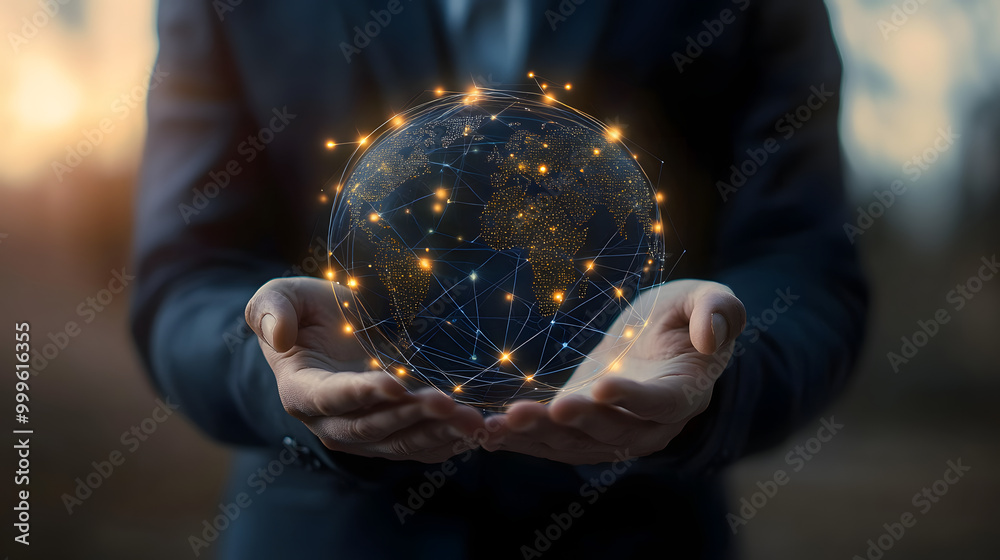 Fototapeta premium Businessman holding global network connection on social networking and customer data analytics, Business strategy and smart intelligence, digital marketing, Technology and global business.