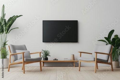 Modern Living Room with Stylish Armchair and TV on White Textured Wall