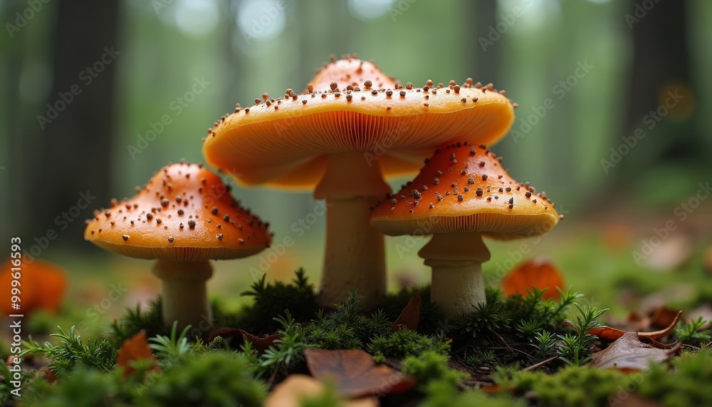 Fototapeta premium Autumns bounty A trio of vibrant mushrooms in the forest