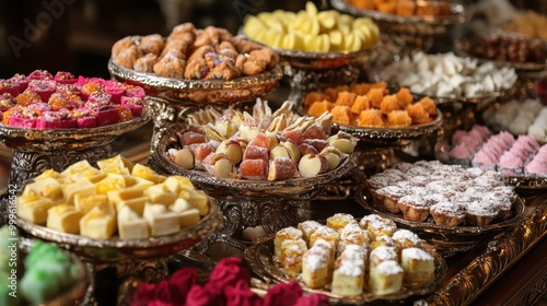 A global variety of festival sweets displayed in ornate and elegant containers, creating a luxurious festive spread.