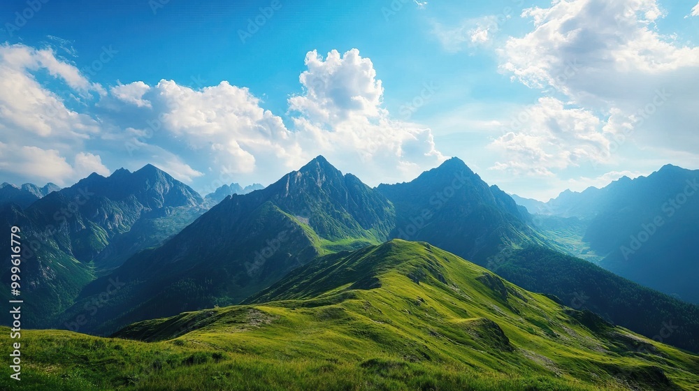 Fototapeta premium Scenic mountain landscape with lush greenery and blue sky, perfect for nature lovers.