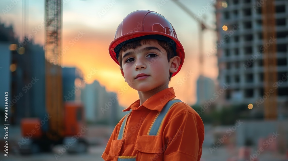 Young Qatari Boy Dressed as Construction Worker with Crane in Background Young Qatari Boy Dressed as Construction Worker with Crane in Background