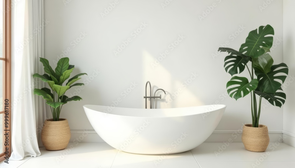 Fototapeta premium Elegant bathroom setting with a freestanding tub and potted plants