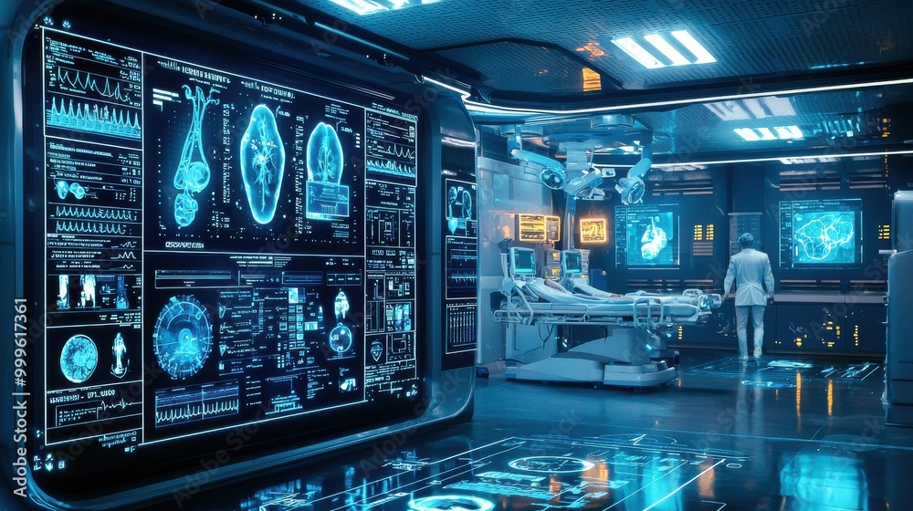 In a futuristic hospital, an AI system analyzes patient data with holographic medical charts and real-time diagnostics, enhancing accuracy in medical diagnosis and patient care. In a futuristic hospital, an AI system analyzes patient data with holographic medical charts and real-time diagnostics, enhancing accuracy in medical diagnosis and patient care.