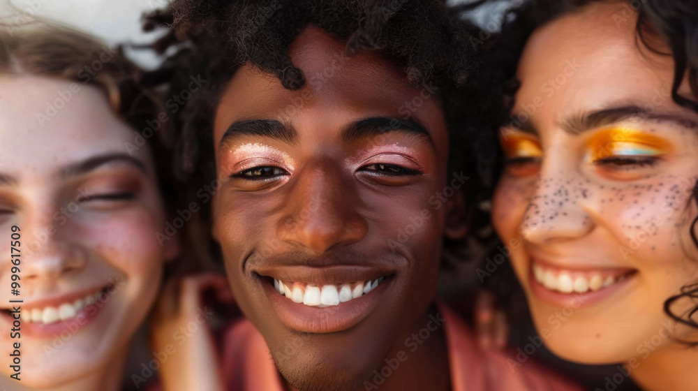 Three friends smiling together in front of a colorful backdrop during a fun summer photoshoot Three friends smiling together in front of a colorful backdrop during a fun summer photoshoot