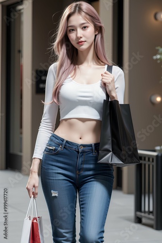 Stylish Woman in Casual Outfit Holding Shopping Bags.