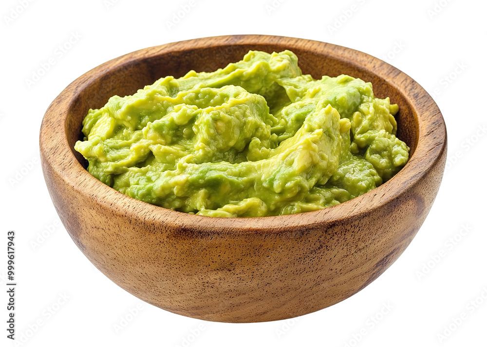 Guacamole in a wooden bowl, delicious, isolated on transparent cutout background Guacamole in a wooden bowl, delicious, isolated on transparent cutout background