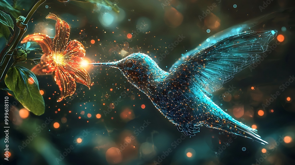 An abstract hummingbird hovering by a flower, rendered in vivid digital art style. An abstract hummingbird hovering by a flower, rendered in vivid digital art style.