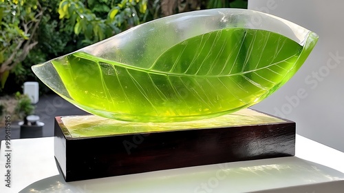 Green Leaf Glass Sculpture on Wooden Base photo