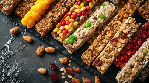 Various nutritious granola bars piled on an iron surface
