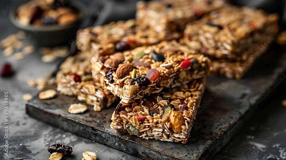 Various nutritious granola bars piled on an iron surface