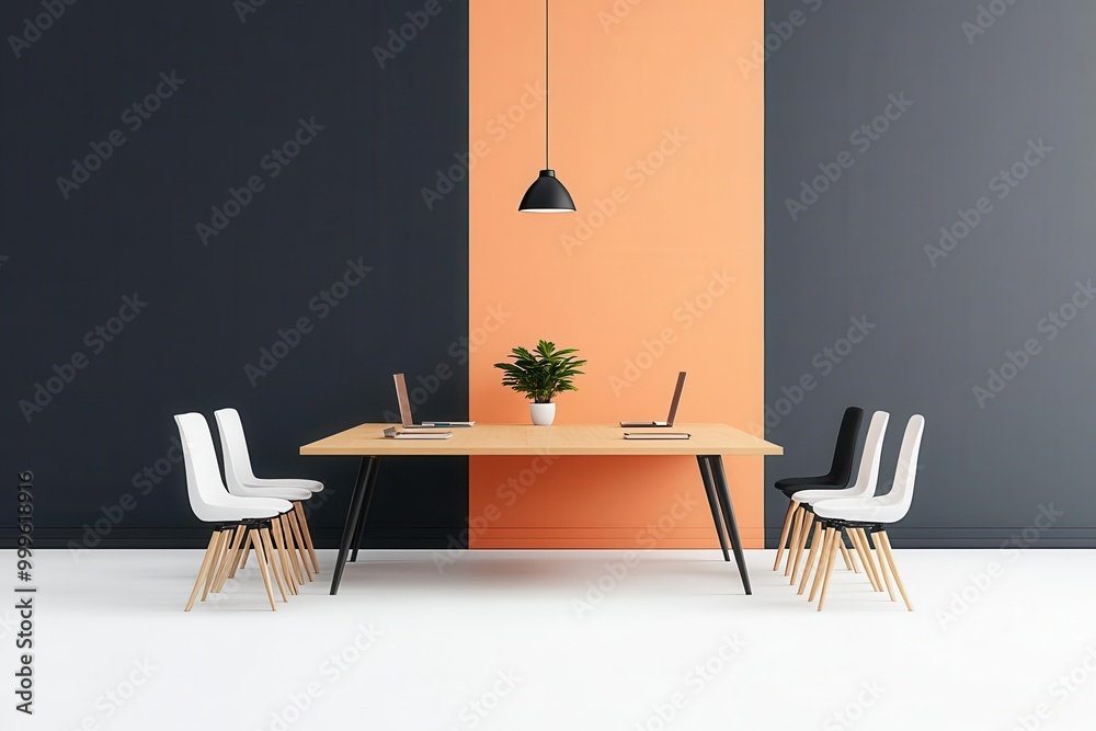 Fototapeta premium Modern office interior featuring a stylish desk, chairs, and a vibrant orange wall for a contemporary workspace.