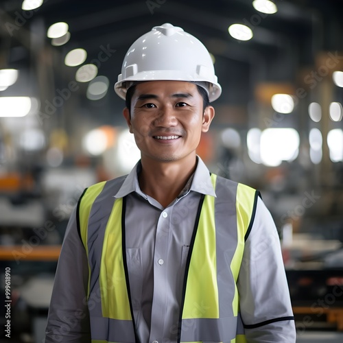 Smiling Worker in Safety Gear at Industrial Warehouse.