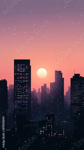 Minimalist Sunset City Skyline with Soft Color Palette