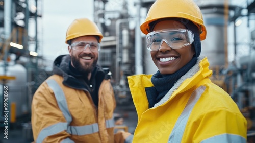 Two engineers wearing protective gear and hard hats, smiling warmly with an out-of-focus industrial facility behind them