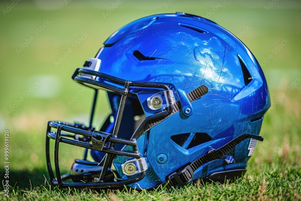 A blue football helmet sits atop a lush green field, perfect for sports or outdoor-themed designs A blue football helmet sits atop a lush green field, perfect for sports or outdoor-themed designs