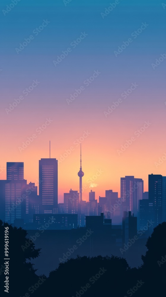 Fototapeta premium Serene Minimalist Cityscape at Sunset with Silhouettes
