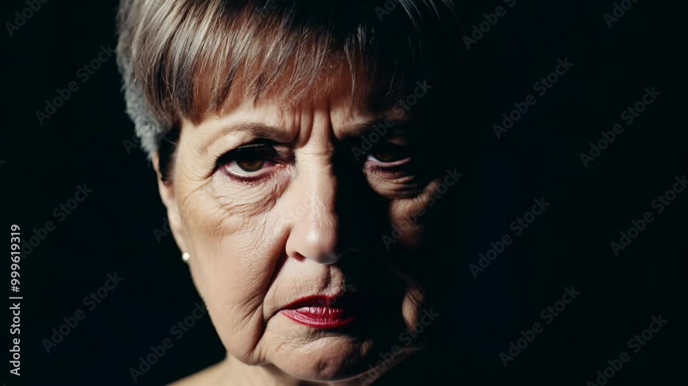 Dramatic close-up video of a middle-aged woman with pixie cut, transitioning from doubt to conviction with dramatic side lighting. Dramatic close-up video of a middle-aged woman with pixie cut, transitioning from doubt to conviction with dramatic side lighting.