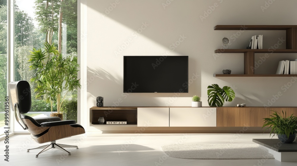 Modern living room interior with TV cabinet and armchair on white wall Modern living room interior with TV cabinet and armchair on white wall
