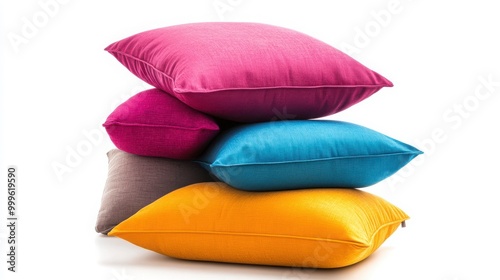 A colorful set of decorative cushions in various sizes, stacked neatly, isolated on a white background 