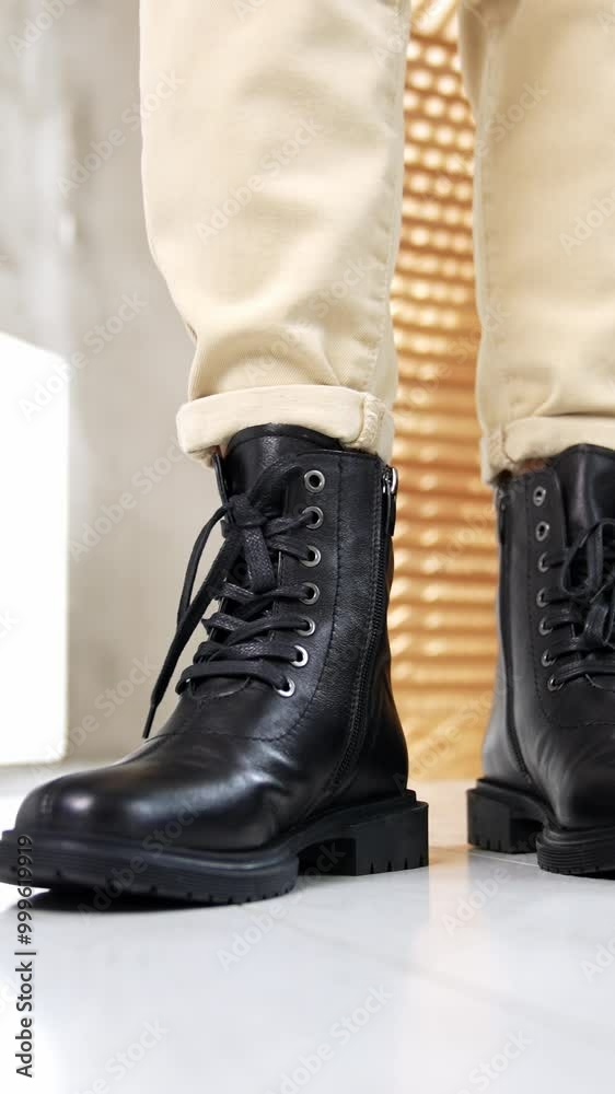 Stylish low black leather boots with laces and rounded nosepieces. Model wearing light jeans demonstrates fashionable footwear in studio. Close up. Stylish low black leather boots with laces and rounded nosepieces. Model wearing light jeans demonstrates fashionable footwear in studio. Close up.