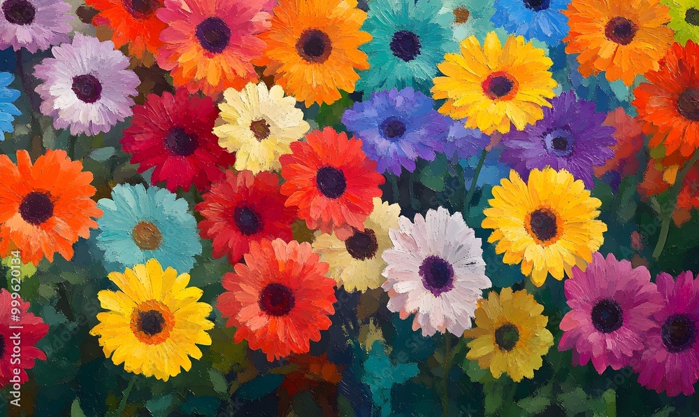 Oil painting style, vibrant and joyful background filled with multi-colored gerberas, Generative AI Oil painting style, vibrant and joyful background filled with multi-colored gerberas, Generative AI