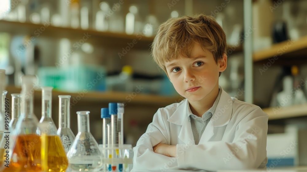 Young Austrian Boy Dressed as a Scientist Conducting Experiments in Chemistry Lab Young Austrian Boy Dressed as a Scientist Conducting Experiments in Chemistry Lab