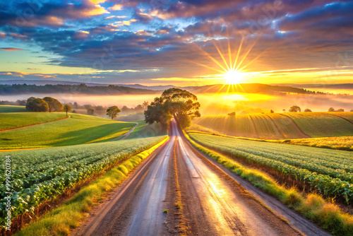 sunset on the roadroad, landscape, sky, field, nature, grass, sunset, summer, meadow, rural, country, green, horizon, clouds, path, sun, cloud, way, sunrise, land, tree, spring, countryside, sunlight, photo