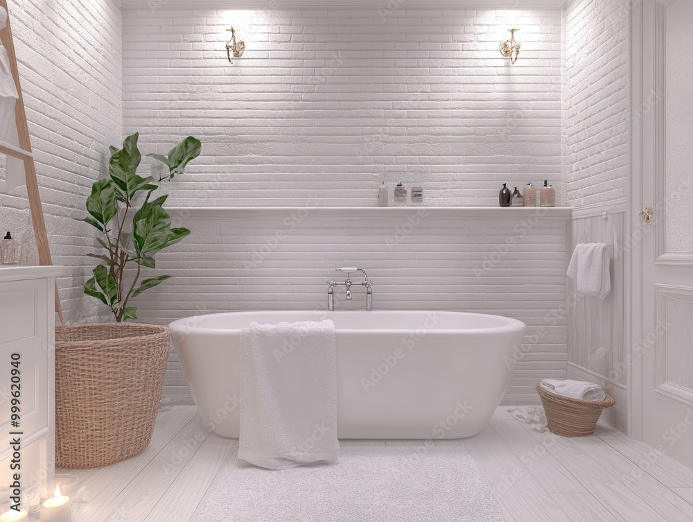 Fototapeta premium Minimalist Farmhouse Bathroom Interior with Rustic Touch and Cozy Atmosphere