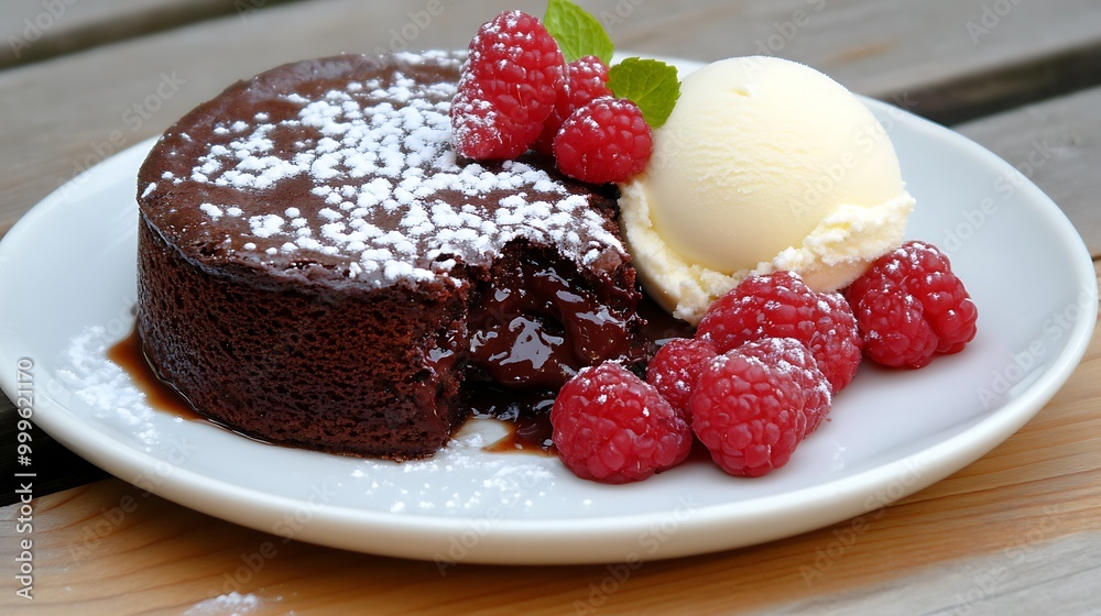Chocolate Lava Cake with Ice Cream and Raspberries Dessert Chocolate Lava Cake with Ice Cream and Raspberries Dessert