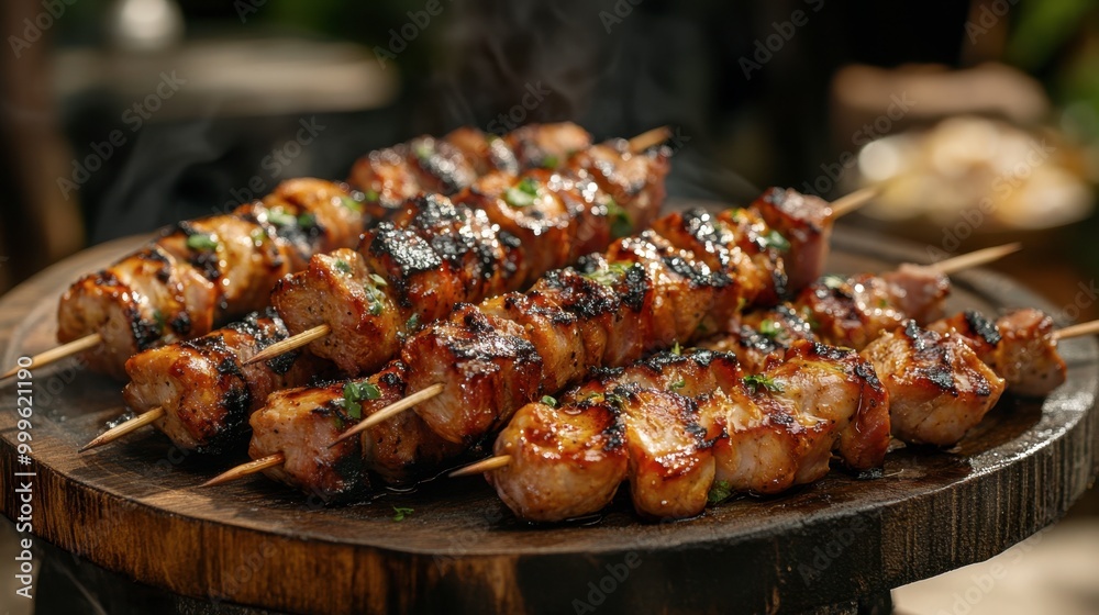 A backyard barbecue scene with grilled pork and chicken skewers being served on a rustic wooden platter. A backyard barbecue scene with grilled pork and chicken skewers being served on a rustic wooden platter.