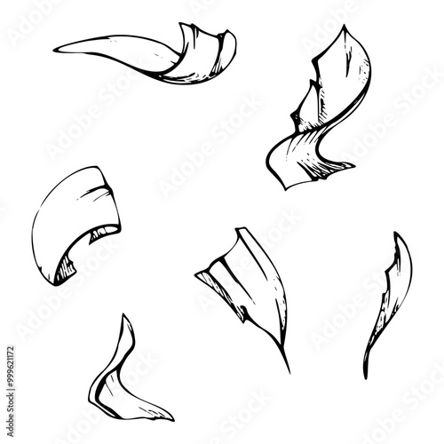 Seaweed nori flakes, dried bark chips, dead leaves, skin fur peels, shredded paper with ink paint stains. Illustration hand drawn in vector pen and ink for nature brochure, abstract art, shop poster